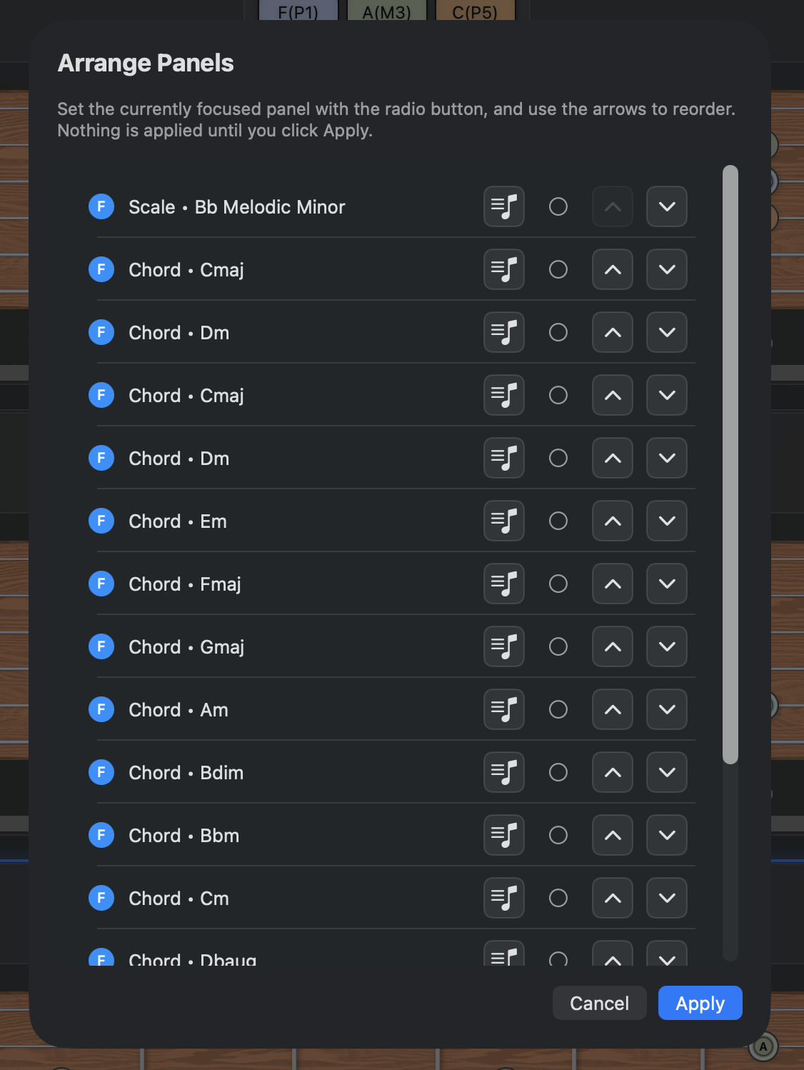 Arrange panels dialog