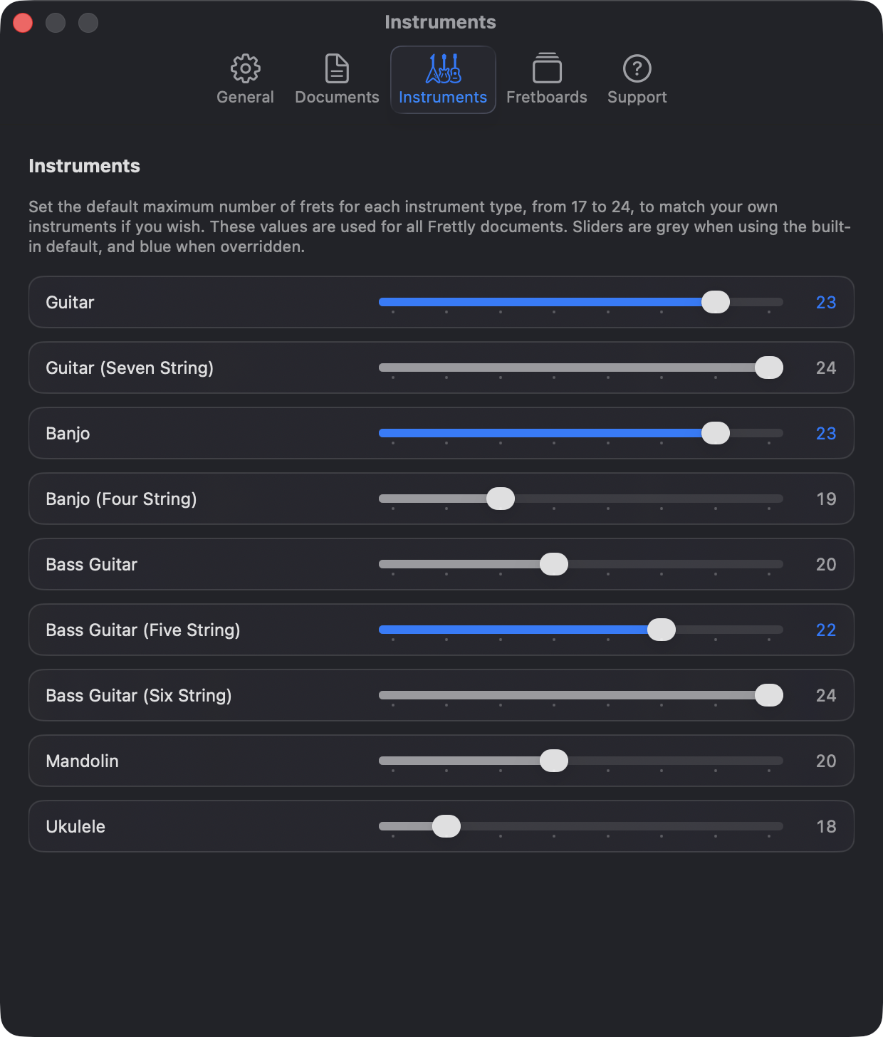Frettly Settings - Instruments